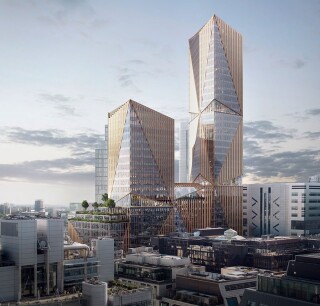 The development comprises a 12-storey podium with a 35-torey East Tower and 20-storey West Tower.