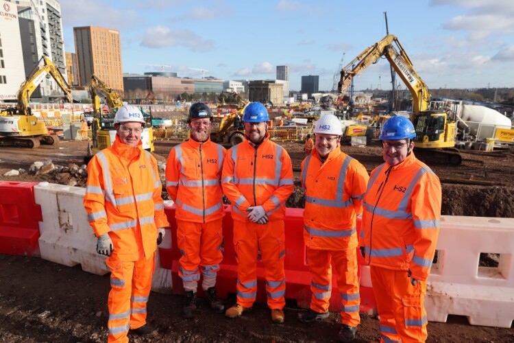 From left to right on site are Gerard Smith (MDJV), Michael Begley (MPB project director), Sean Boyle (MPB director and co-owner), Dave Lock (HS2 Ltd) and Patrick Boyle (MPB director and co-owner)