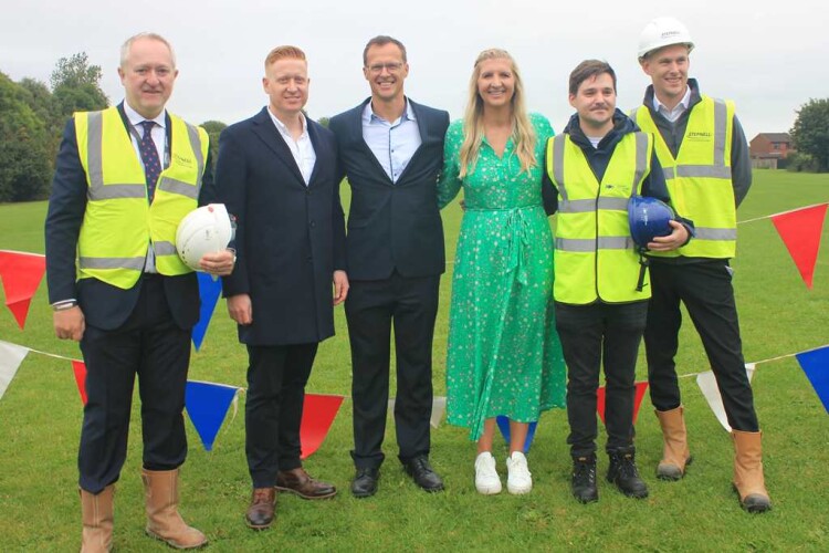 Stepnell regional director Adrian Barnes (left) and contracts manager Chris Kirby (right) were joined  by Olympic champion Rebecca Adlington and others for Stychbrook Leisure Centre ground breaking 