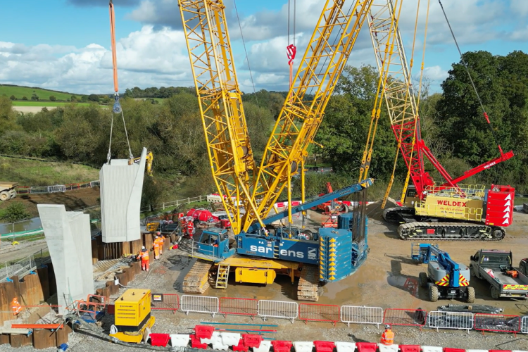 A pier is lifted into place for the Edgcote viaduct