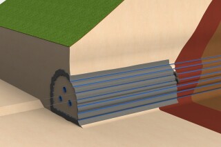 The HyperTunnel method uses a horizontal directional drilling rig to install a network of HDPE pipes to provide access to the whole tunnel length so that a swarm of multi-function robots can 3D print the tunnel.