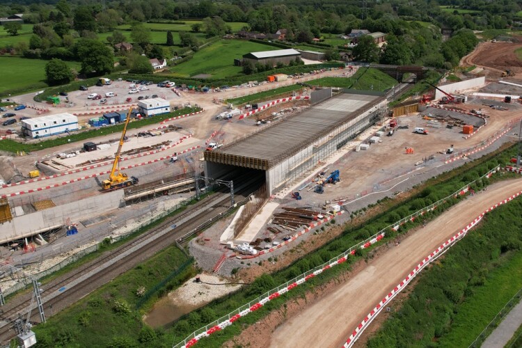 Civil engineering was the fastest growing sector of the construction industry ion July 2024, helped by continuing progress on the HS2 project. Here, Carol Green rail bridge takes shape, over the West Coast Main Line near Kenilworth