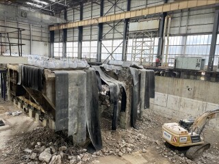 Turbine 1 plinth, following the use of explosives for weakening purposes, prior to removal 