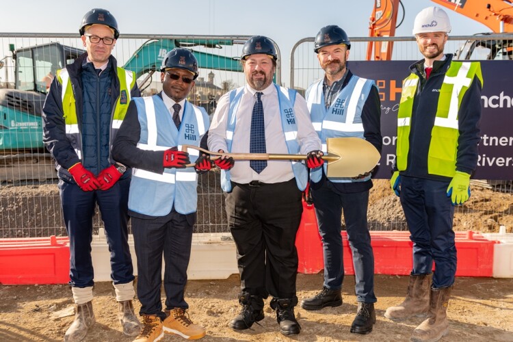Celebrating the start of work are (left to right) Hill MD Simon Trice, local councillors Habib Tejan, Vince Maple and Alex Paterson, and Anchor director Patrick Duffy 