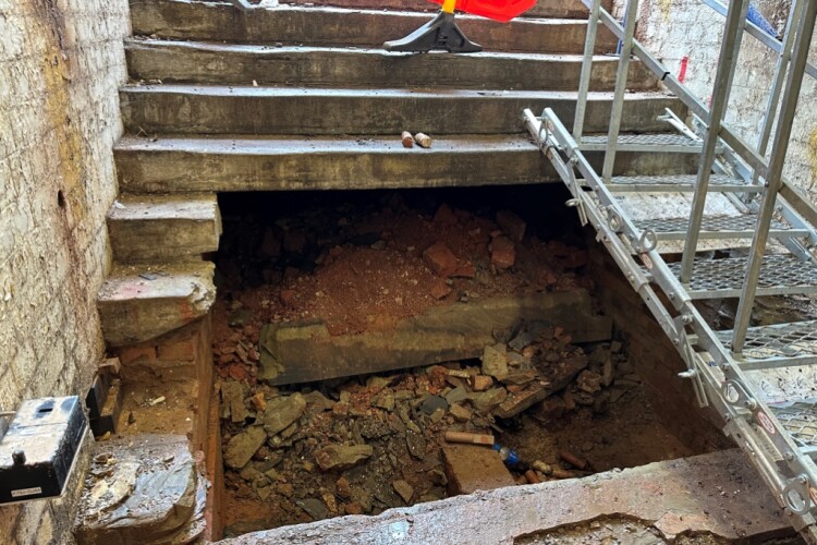 The unexpected foundations were revealed after demolition of concrete subway steps at Warwick station