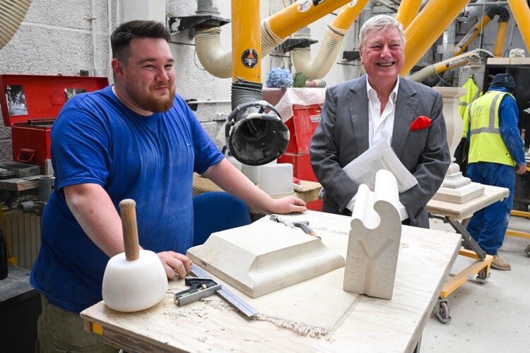 Cathedrals&rsquo; Workshop Fellowship apprentice Joe O&rsquo;Connell (left) and benefactor Hamish Ogston in the Salisbury Cathedral workshop [Photo: Finbarr Webster]