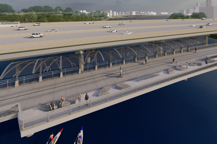 Render of the new Interstate 35 including pedestrian footbridge through Austin, Texas