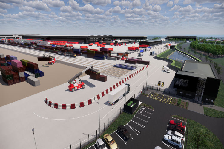 Computer generated image of the new intermodal rail freight terminal DIRFT III