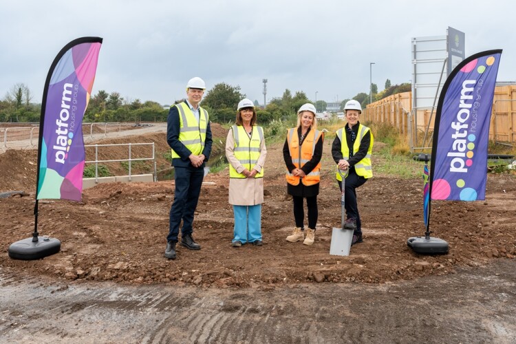 Left to right on site are Nottingham City Council head of housing Mark Lowe, Platform COO Marion Duffy, Keepmoat divisional chair Charlotte Goode and Platform CEO Elizabeth Froude [Lloyd Dunkley Photography]