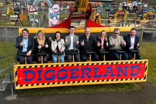 Ed Davey and team in the Diggerland Spindizzy ride