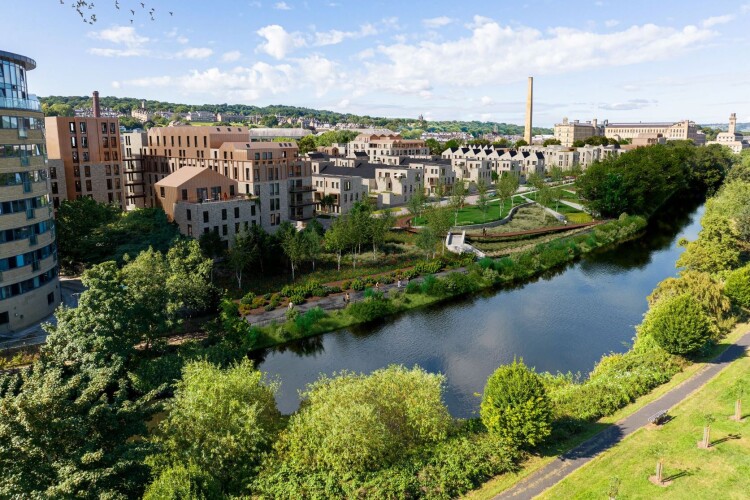 CGI of the Saltaire Riverside proposal on the banks of the Aire, with Salts Mill in the background