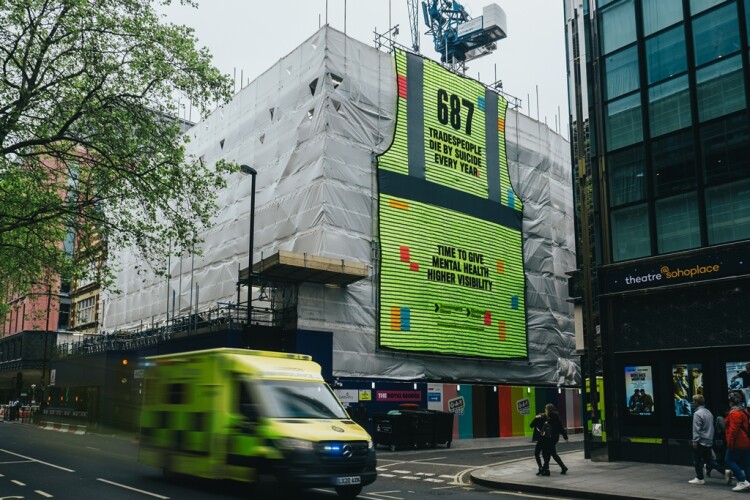 The giant vest is visible from Charing Cross Road in London's West End