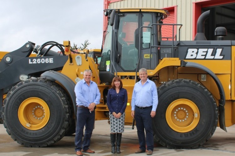 From left are Bell Equipment salesman Ian Cobden, Stokey Plant managing director Sarah Jones and Bell Equipment UK md Nick Learoyd
