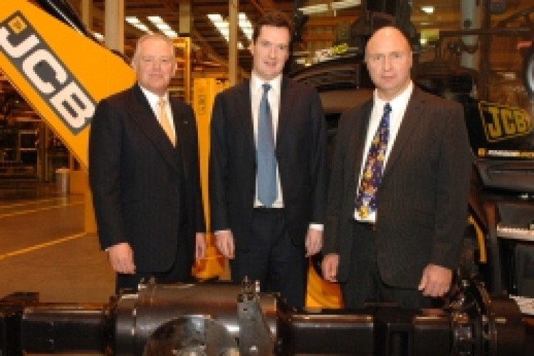 Above: L to r: JCB CEO Alan Blake, Chancellor George Osborne and HE&rsquo;s Hugh Edeleanu