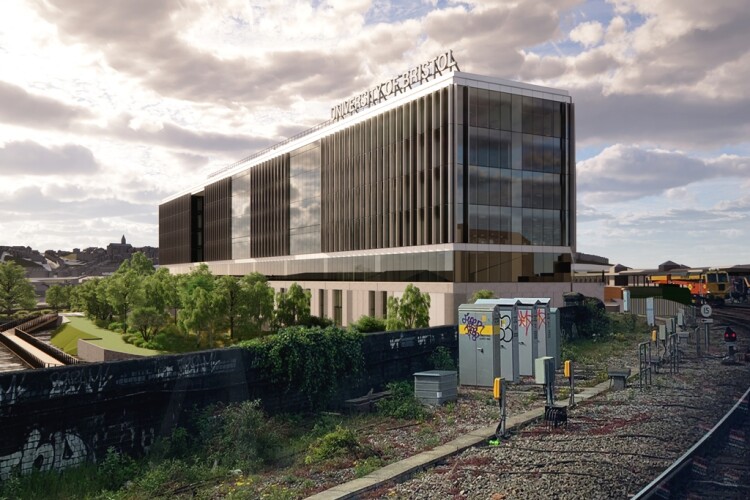 CGI of the new campus, as seen from a train approaching Temple Meads station [Images: Feilden Clegg Bradley Studios]