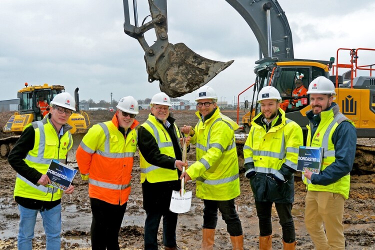On site for ground breaking were (left to right) Stewart Craven and Chris Dungworth from Business Doncaster, Doncaster deputy mayor Glyn Jones, Dan Burn and Scott Meakin from Panattoni and Winvic&rsquo;s Charlie Caldicott